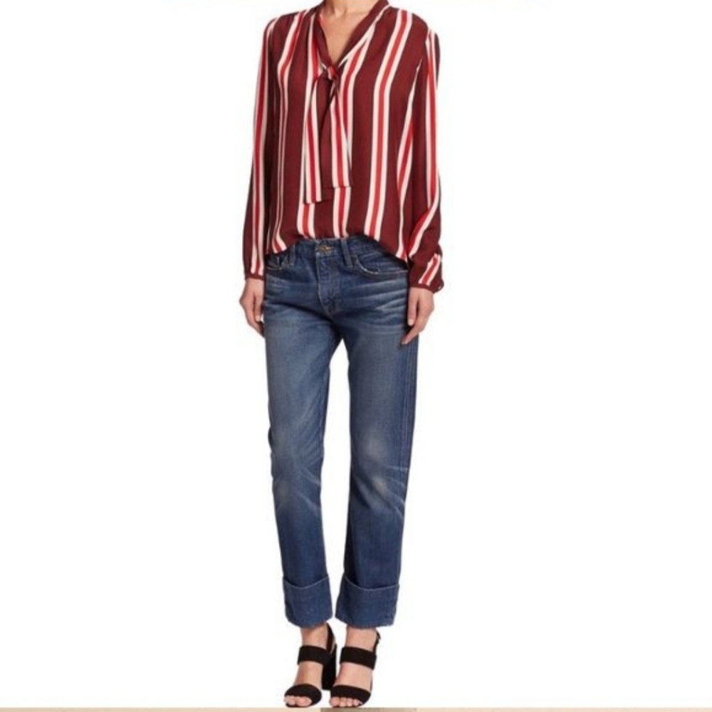 FRAME Candy Stripe Silk Tie Neck Blouse